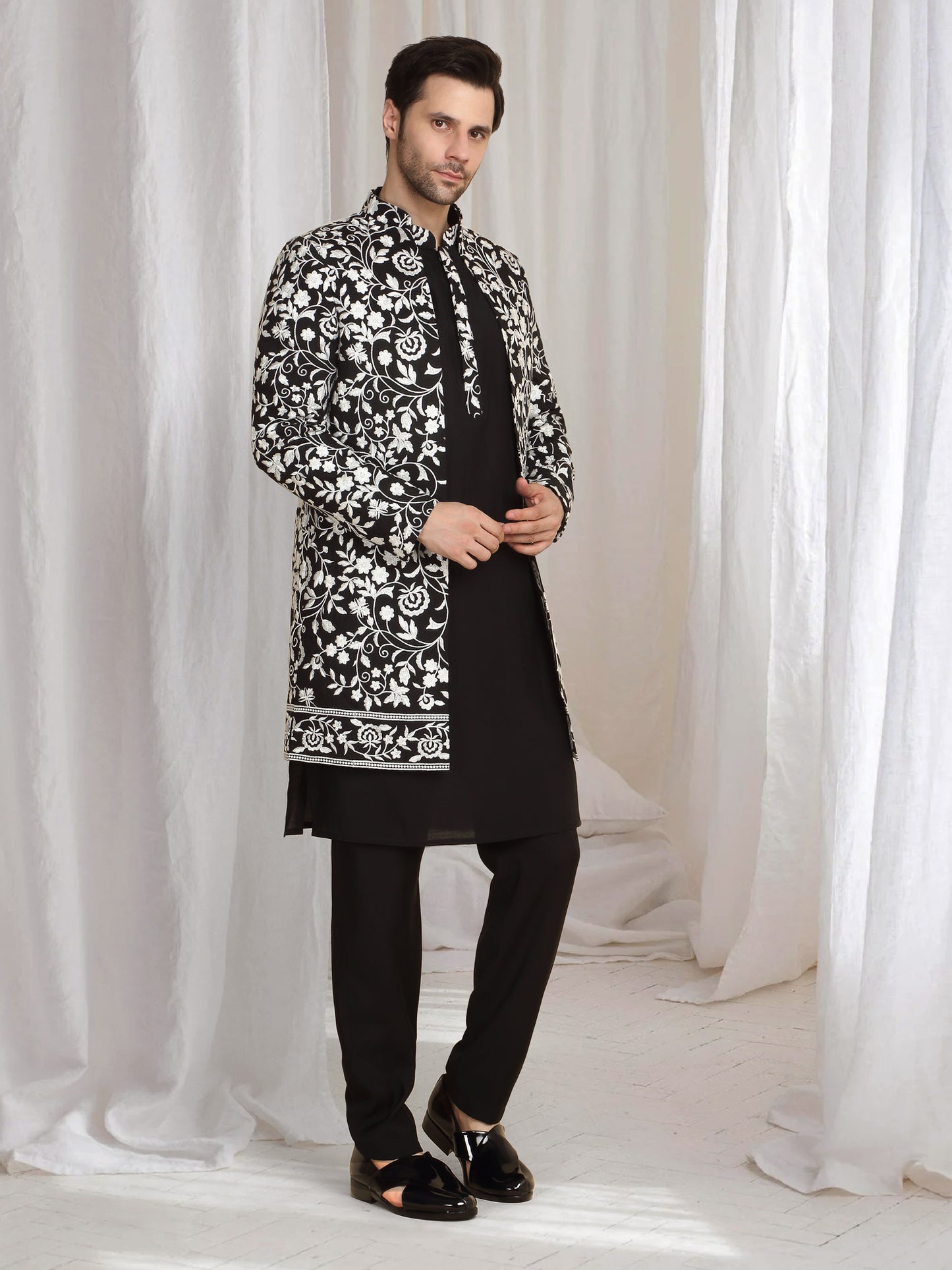 Pushp Floral Embroidered Jacket Kurta Pant Set - Black