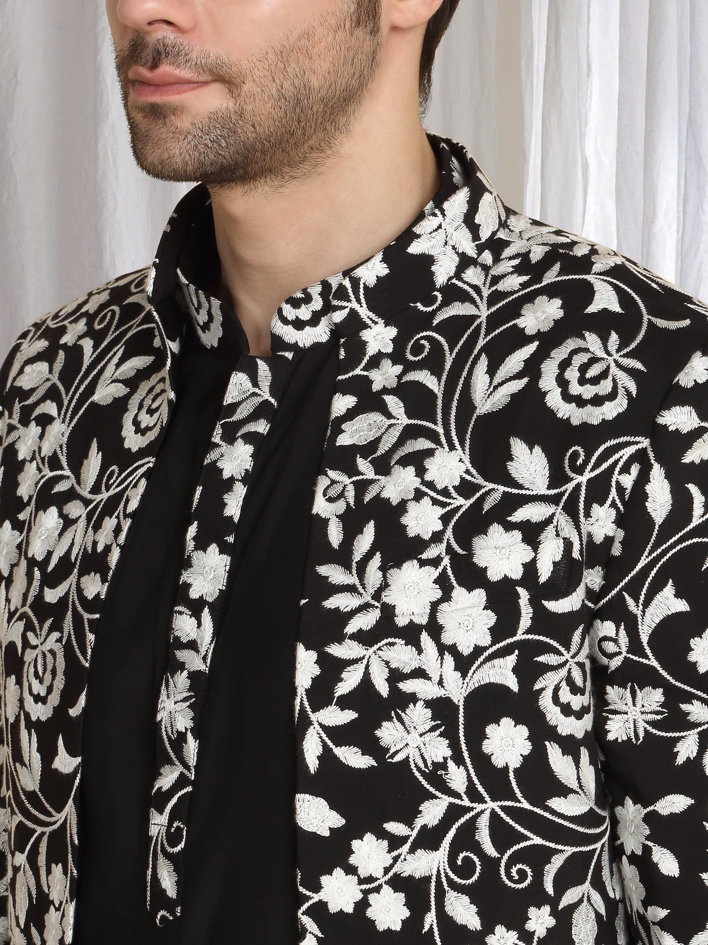 Pushp Floral Embroidered Jacket Kurta Pant Set - Black