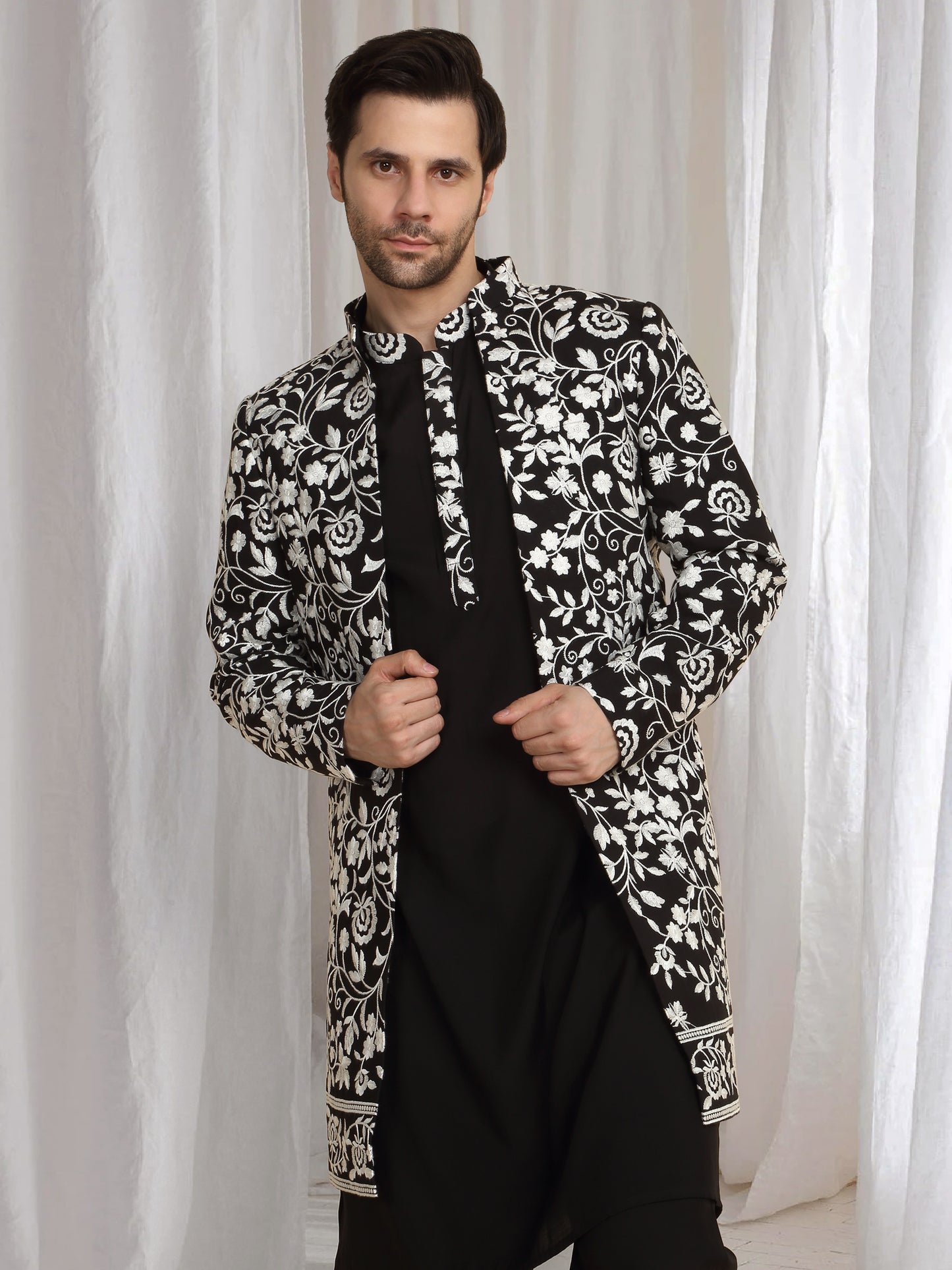 Pushp Floral Embroidered Jacket Kurta Pant Set - Black
