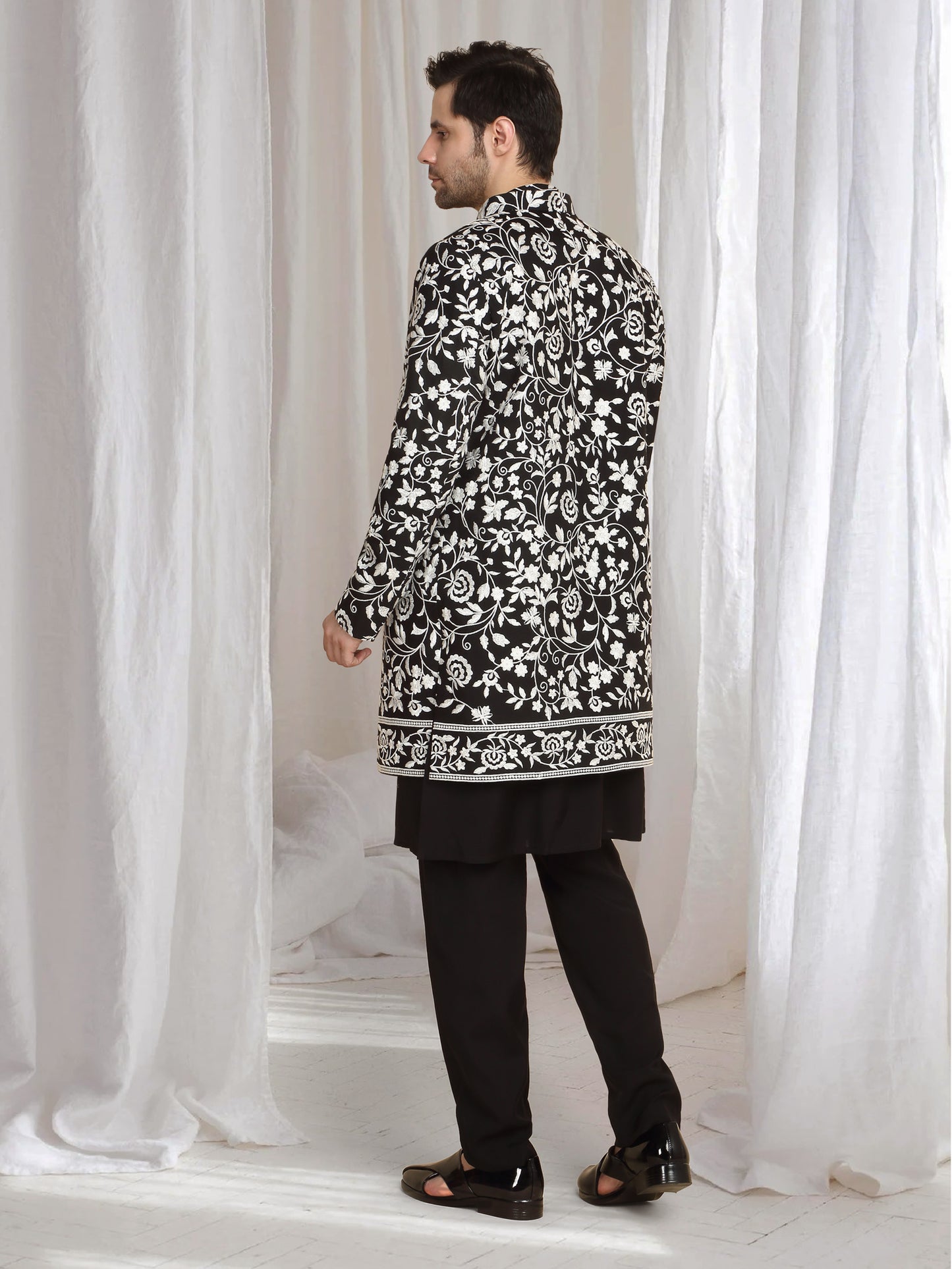 Pushp Floral Embroidered Jacket Kurta Pant Set - Black