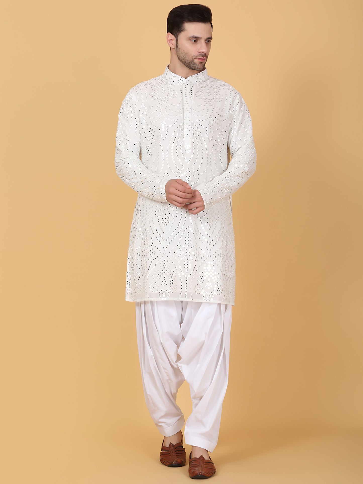 Jahaan Mirror Embroidery Work Kurta Set - White