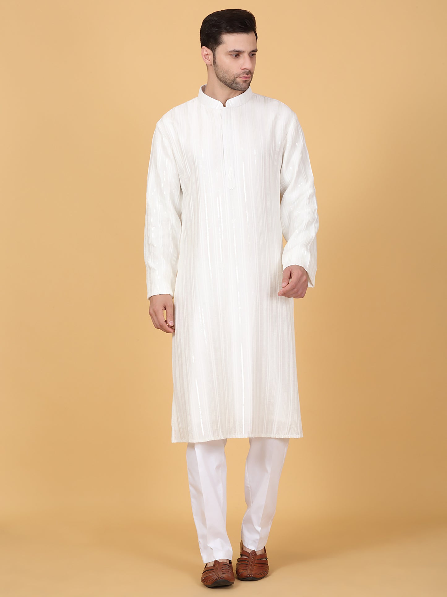 Beads & Sequins Stripe Embroidered Kurta Set