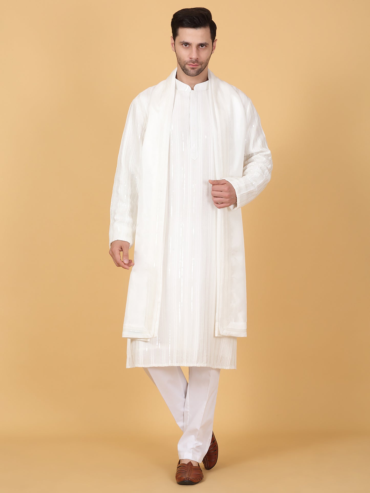 Beads & Sequins Stripe Embroidered Kurta Set
