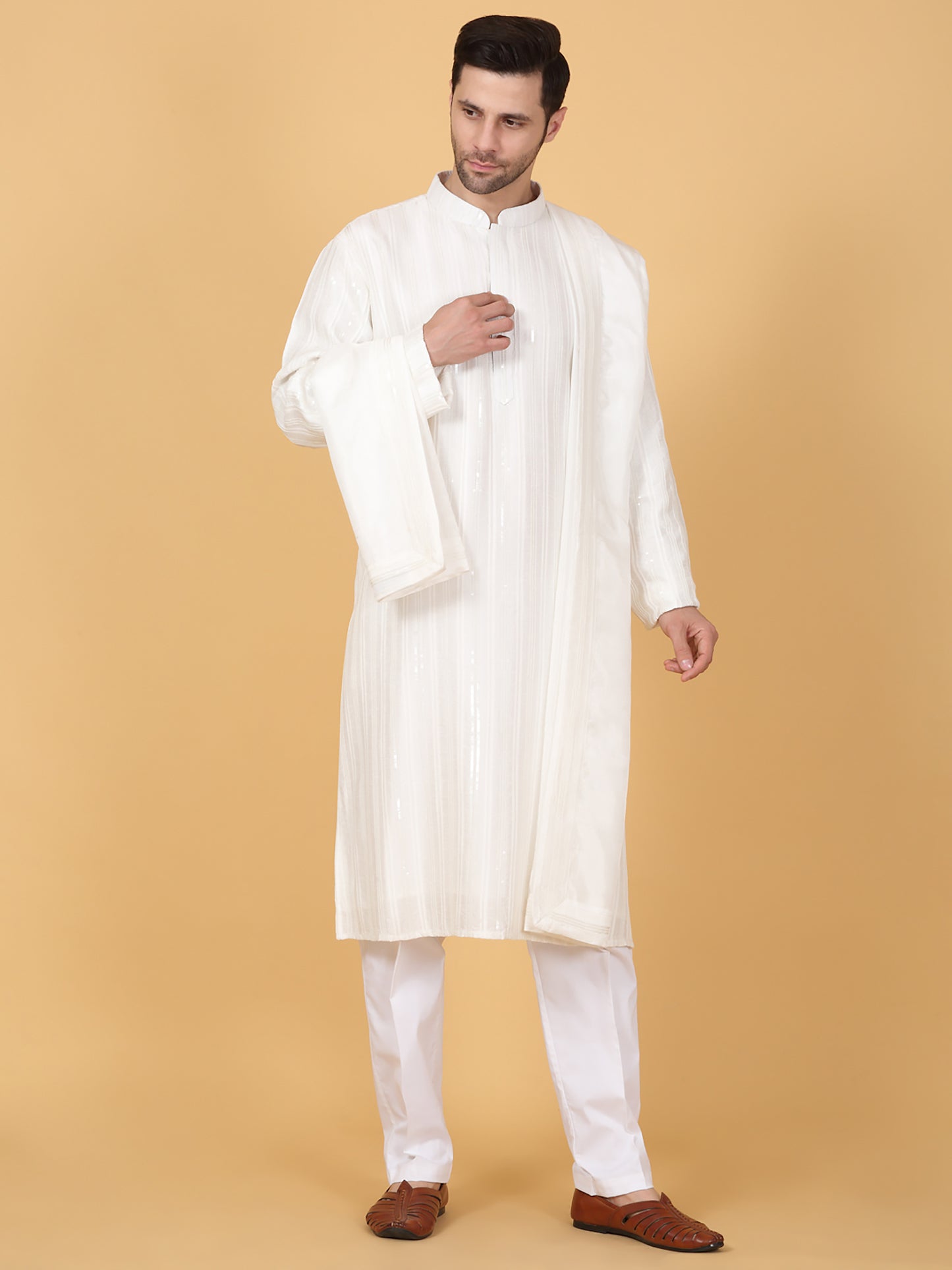 Beads & Sequins Stripe Embroidered Kurta Set