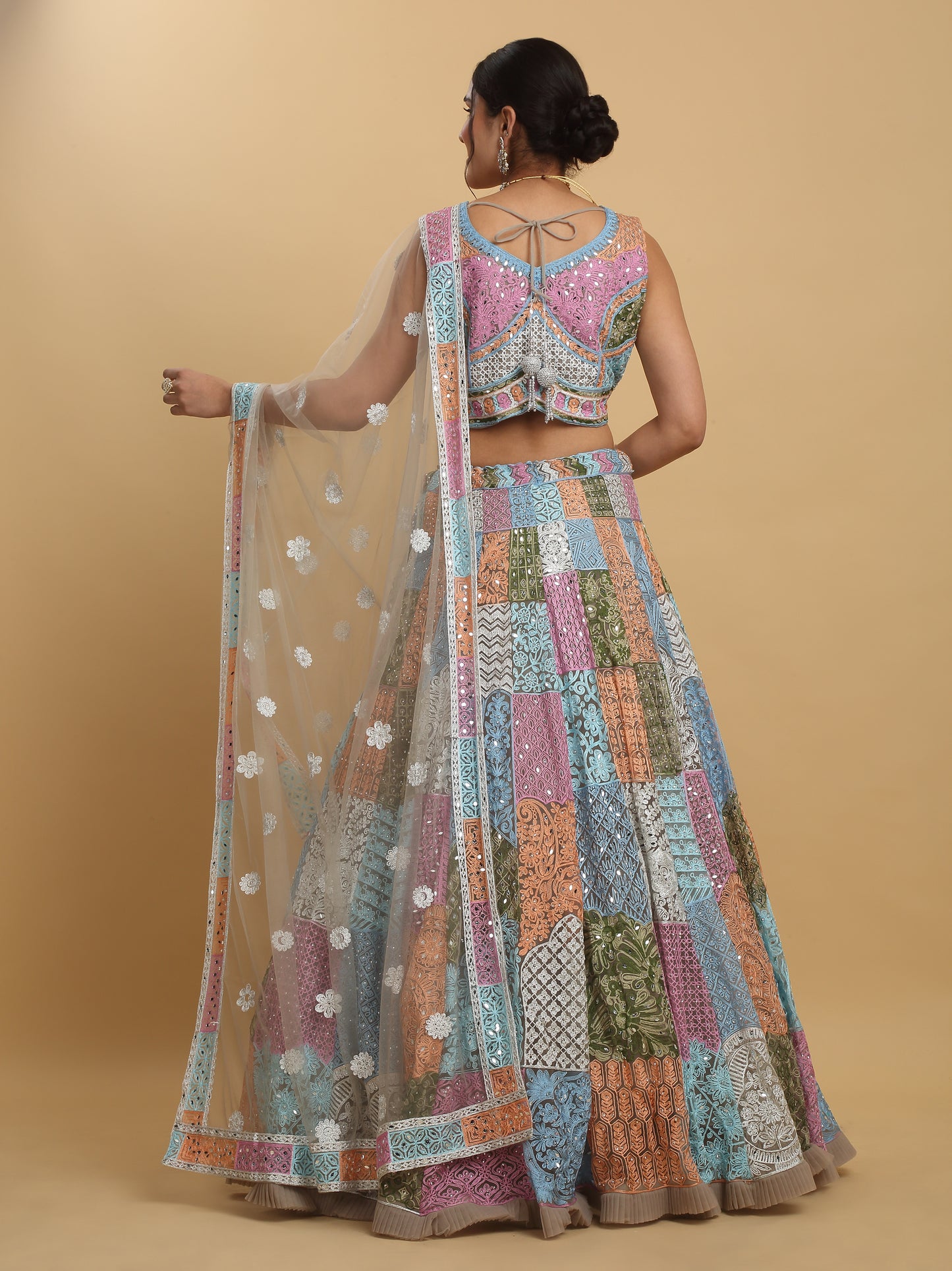 Divyam Multi Colored Thread And Mirror Embroidered Lehenga Set
