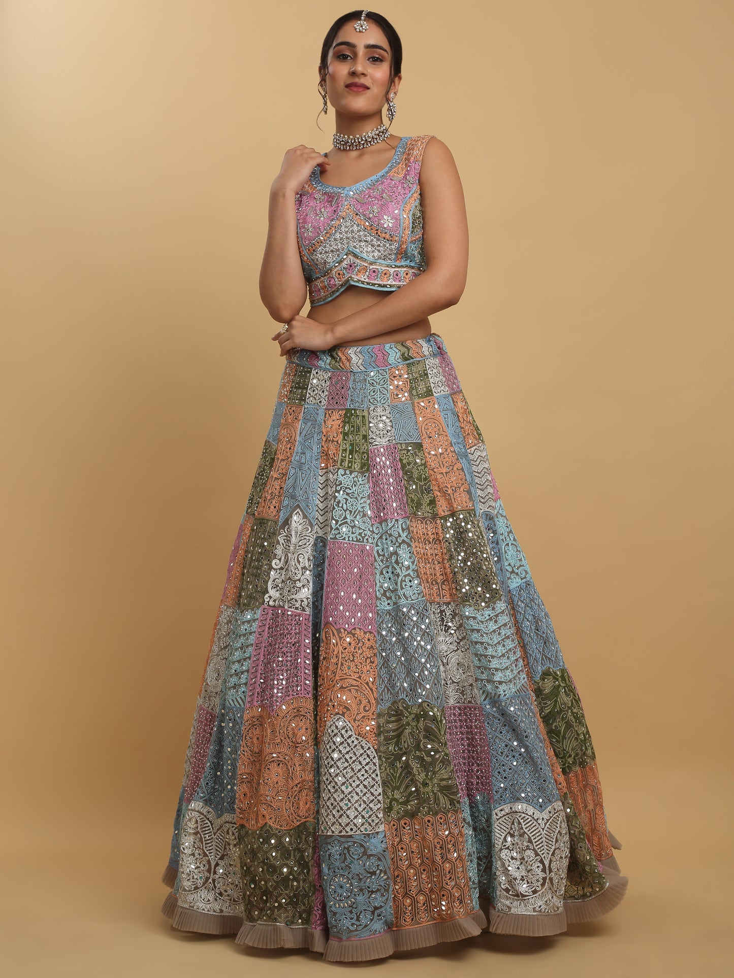 Divyam Multi Colored Thread And Mirror Embroidered Lehenga Set