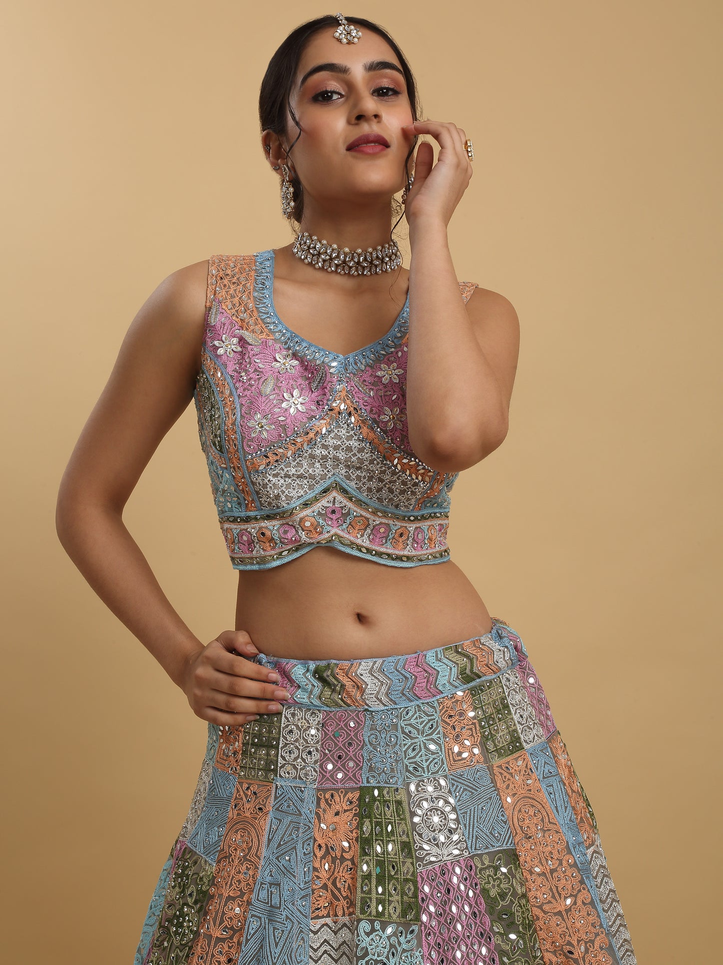 Divyam Multi Colored Thread And Mirror Embroidered Lehenga Set
