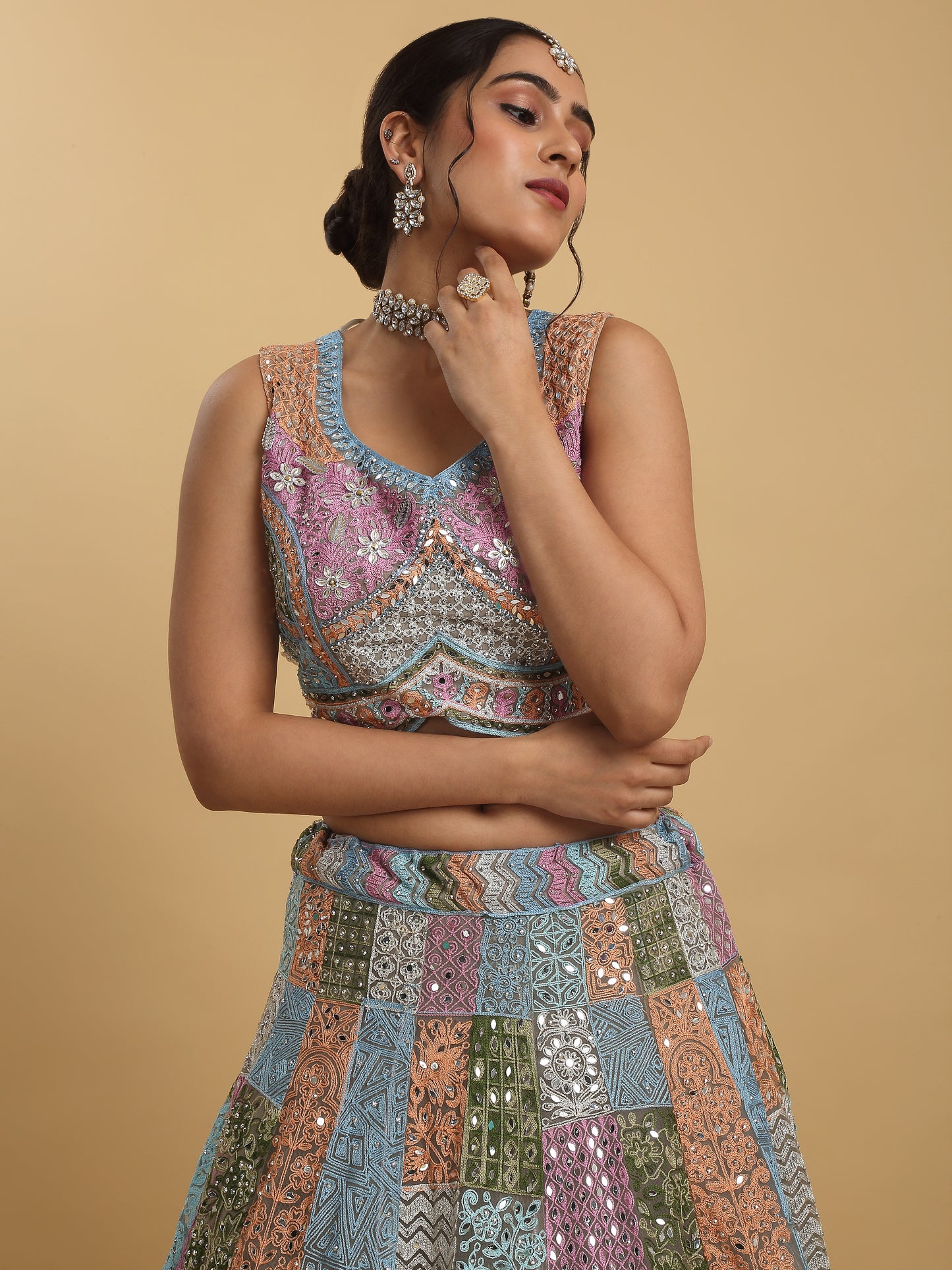 Divyam Multi Colored Thread And Mirror Embroidered Lehenga Set