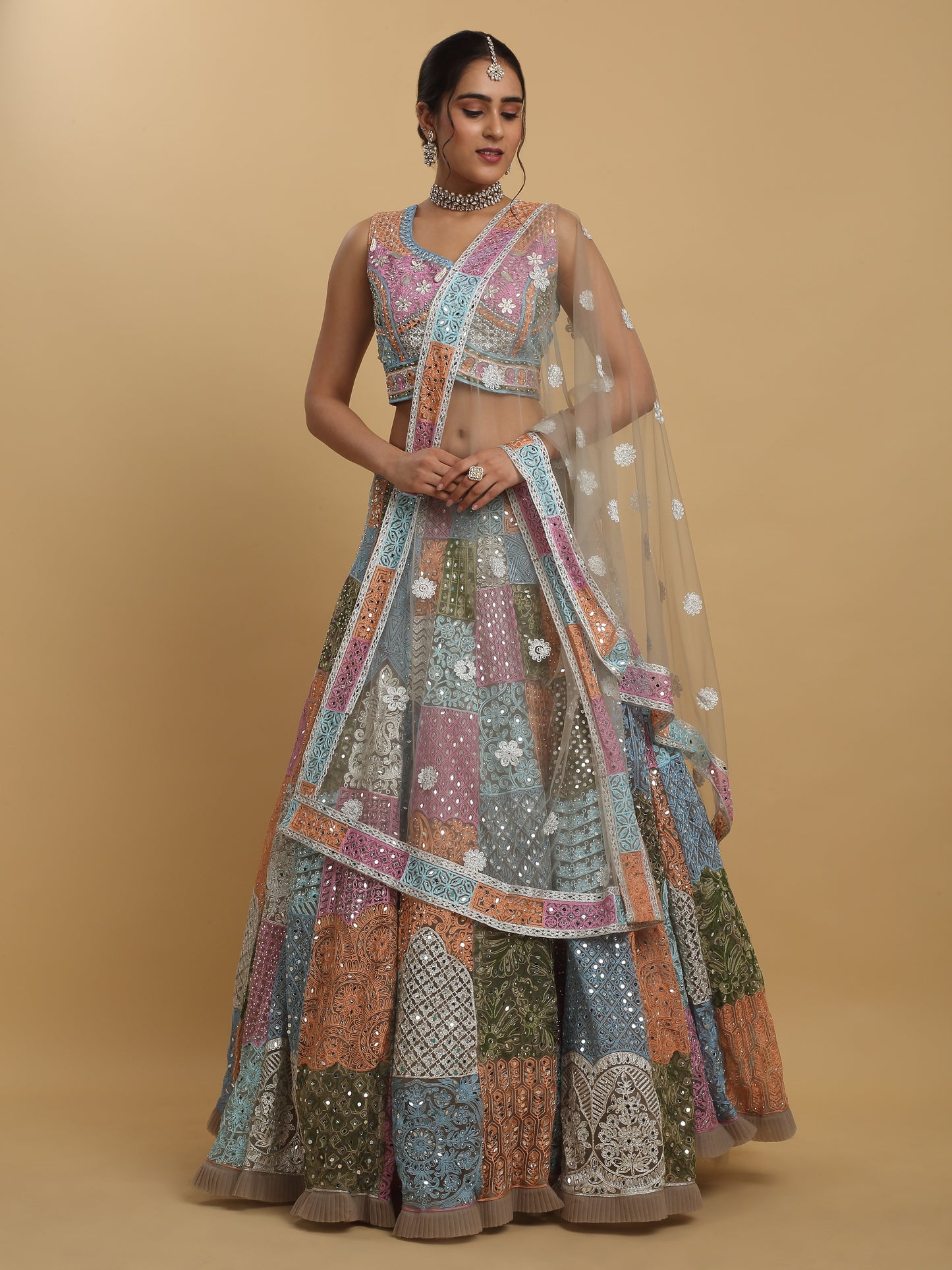 Divyam Multi Colored Thread And Mirror Embroidered Lehenga Set