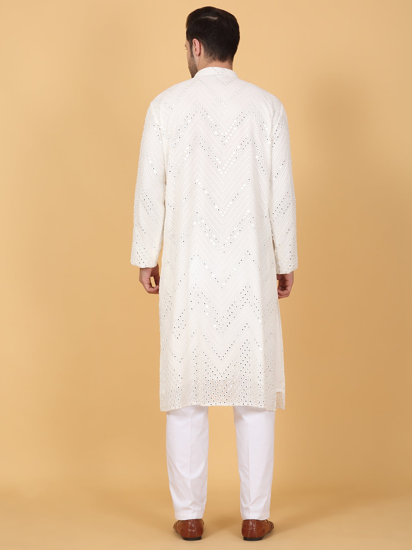 White Cotton Mirror Embroidery Zig Zag Kurta Set