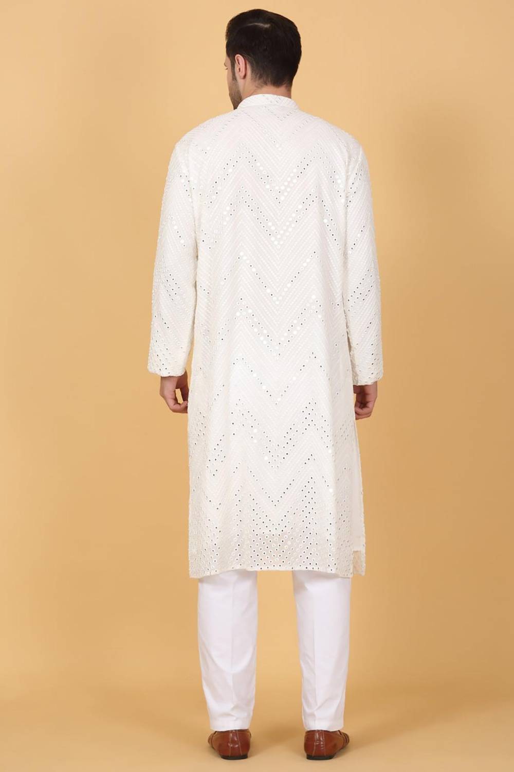 White Cotton Mirror Embroidery Zig Zag Kurta Set