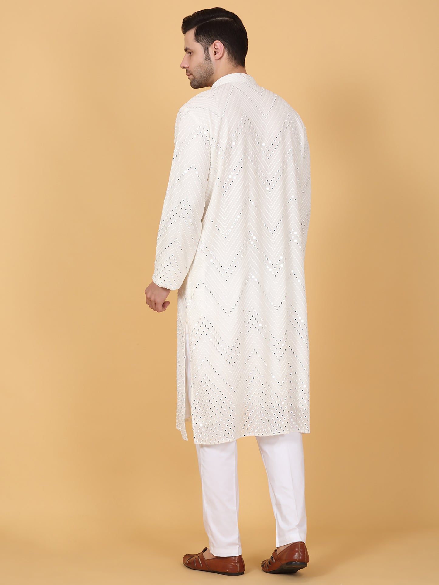 White Cotton Mirror Embroidery Zig Zag Kurta Set