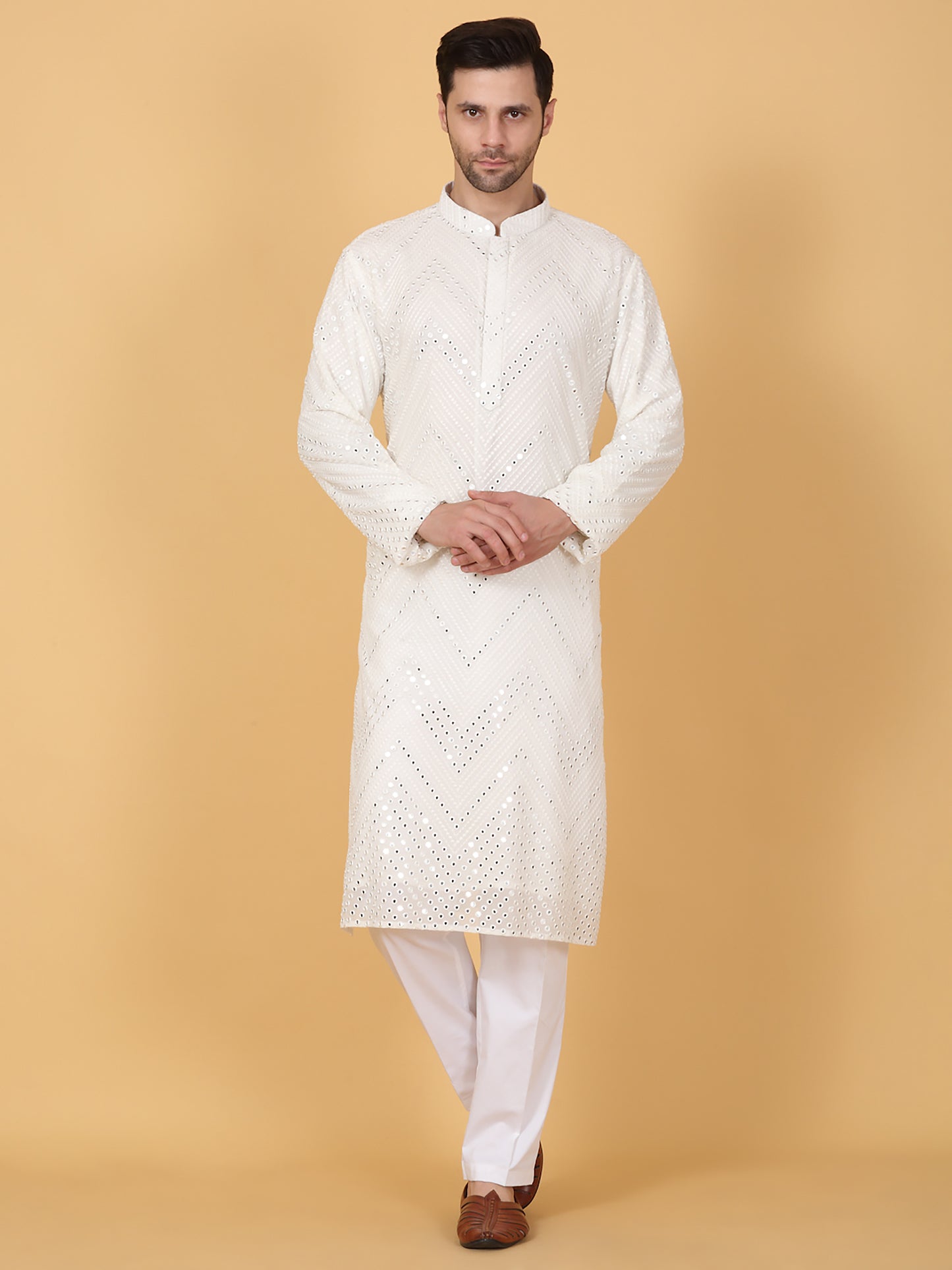 White Cotton Mirror Embroidery Zig Zag Kurta Set