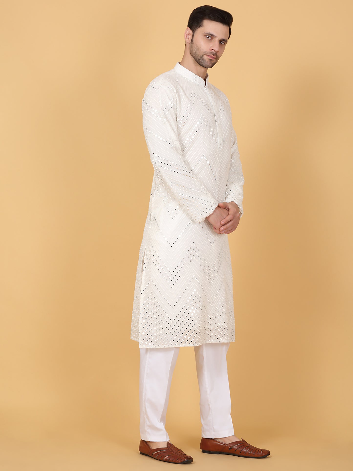 White Cotton Mirror Embroidery Zig Zag Kurta Set