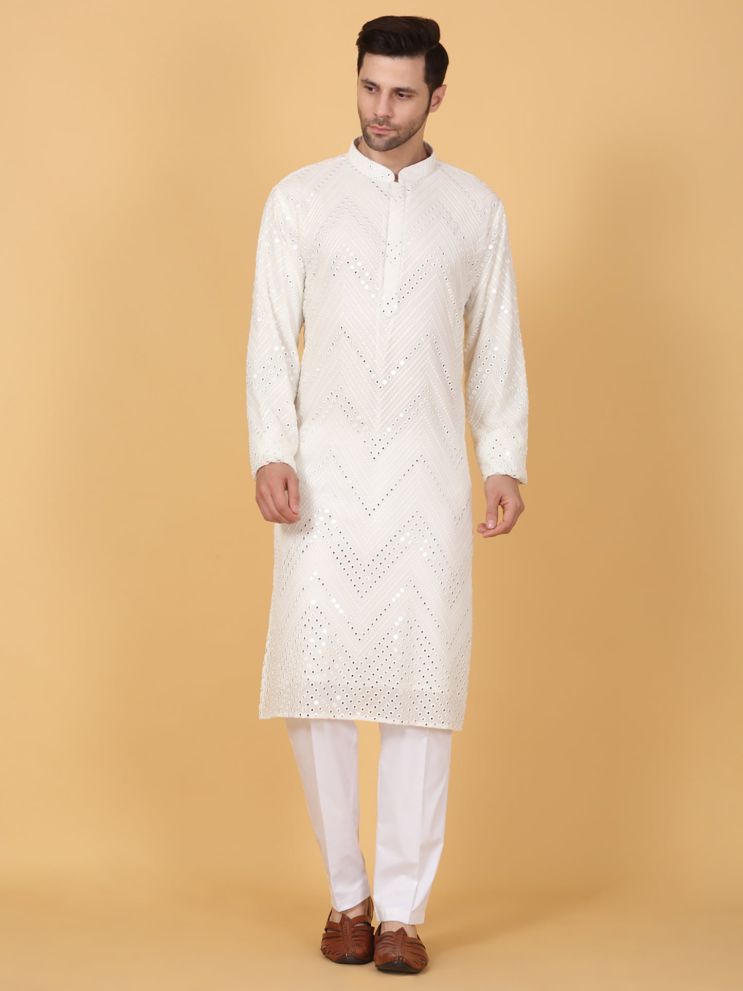 White Cotton Mirror Embroidery Zig Zag Kurta Set