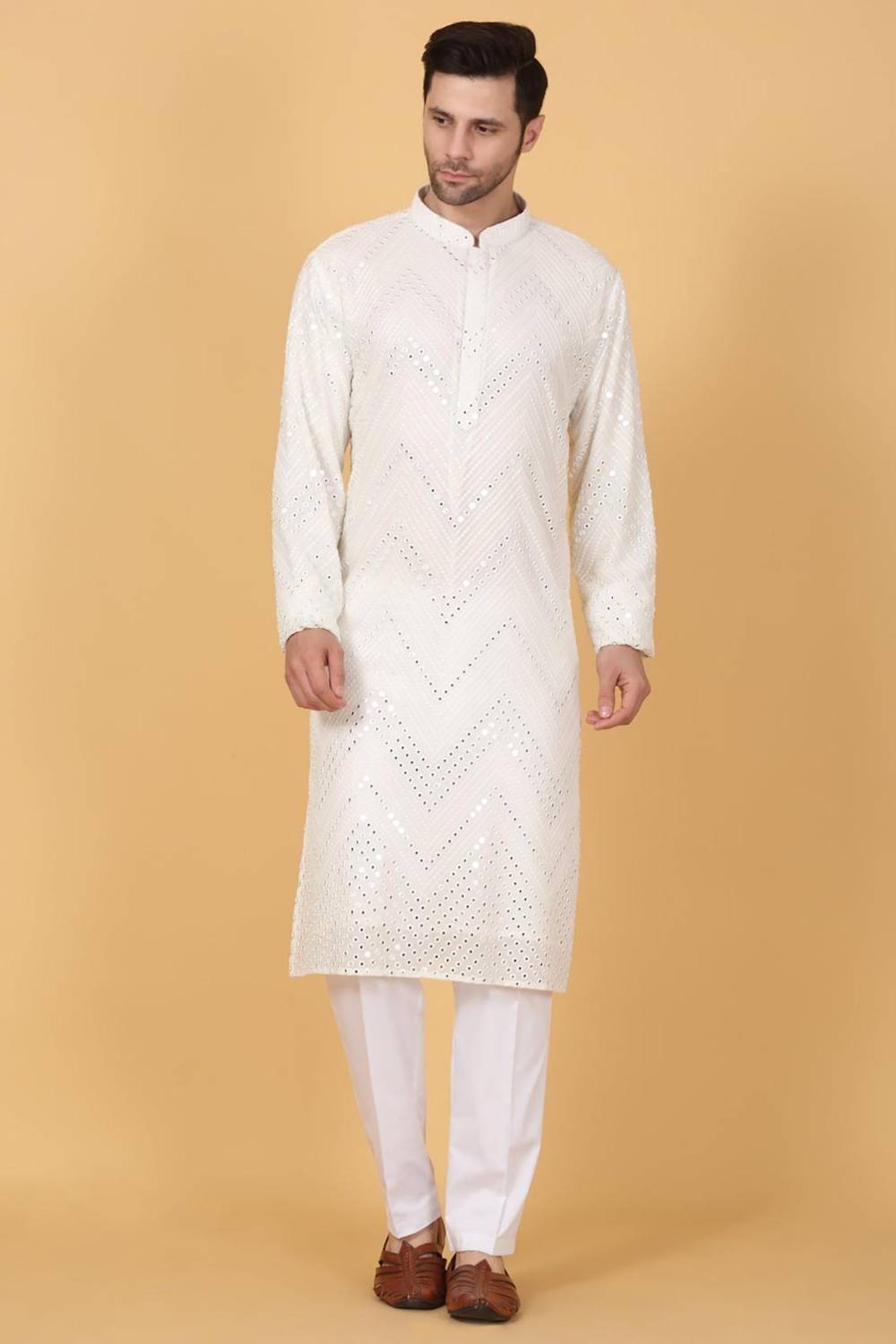 White Cotton Mirror Embroidery Zig Zag Kurta Set
