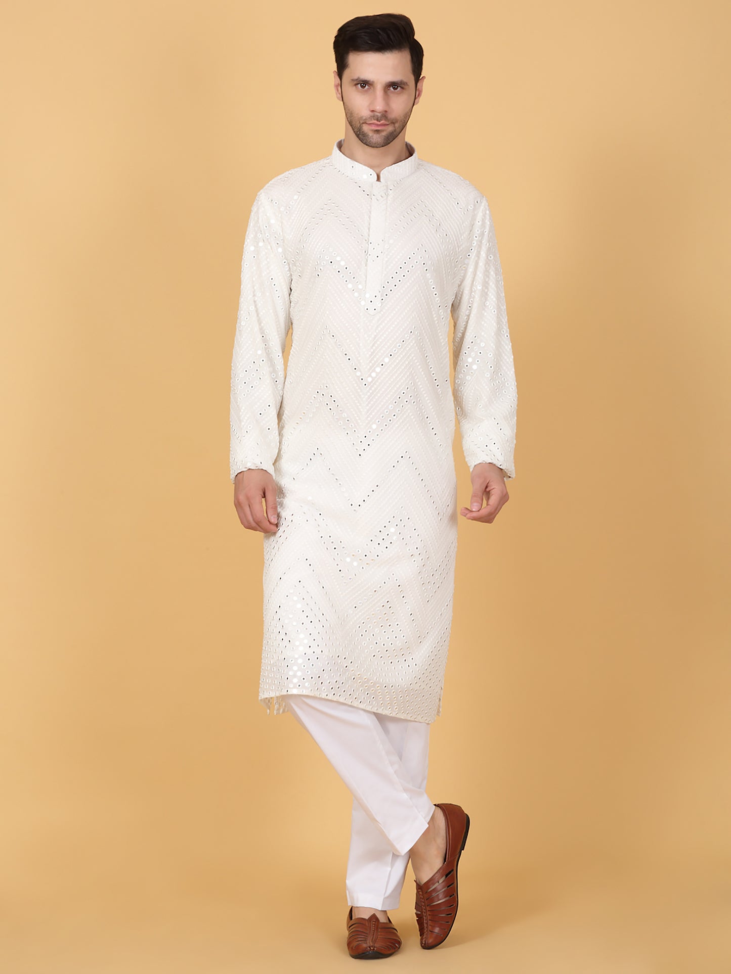 White Cotton Mirror Embroidery Zig Zag Kurta Set