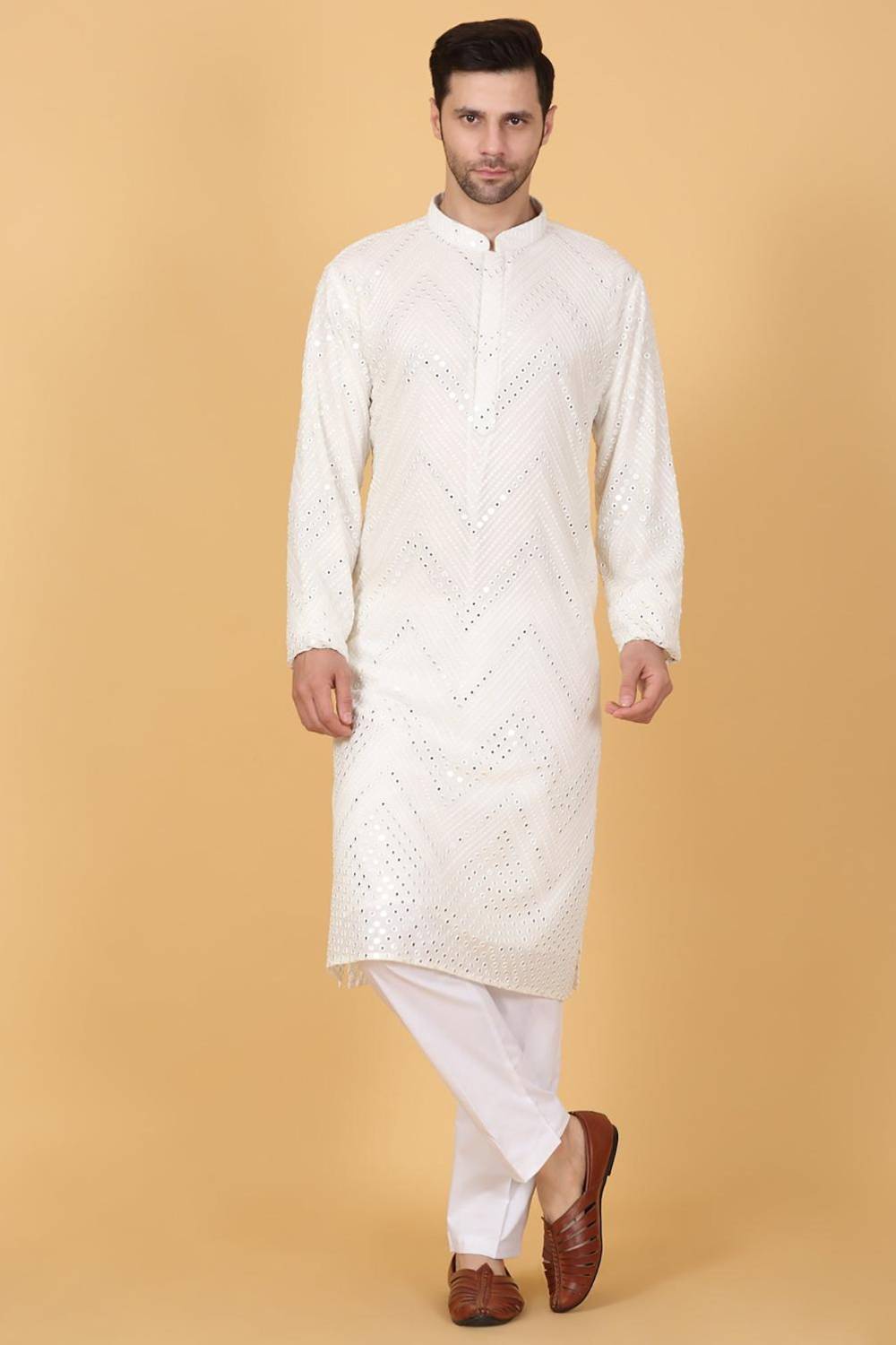 White Cotton Mirror Embroidery Zig Zag Kurta Set
