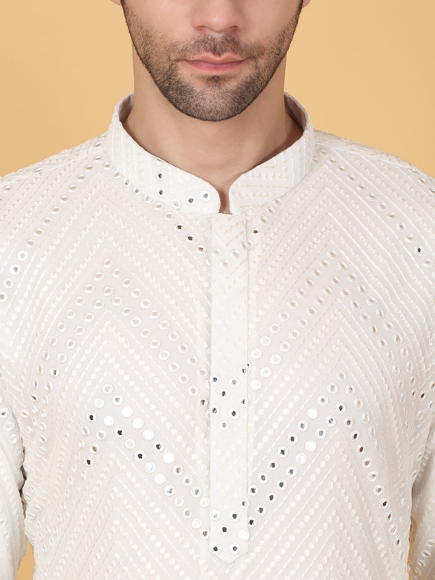 White Cotton Mirror Embroidery Zig Zag Kurta Set