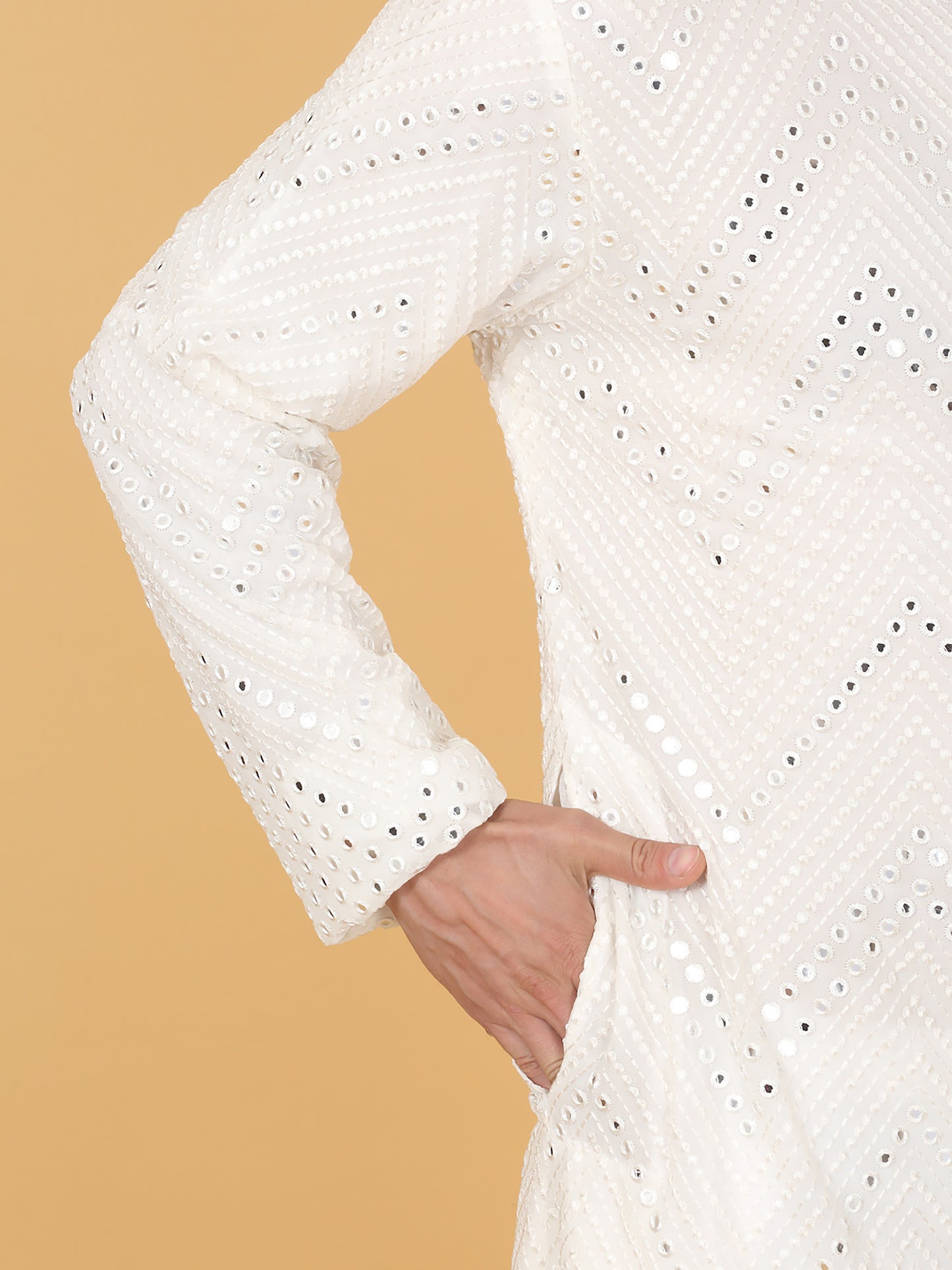 White Cotton Mirror Embroidery Zig Zag Kurta Set