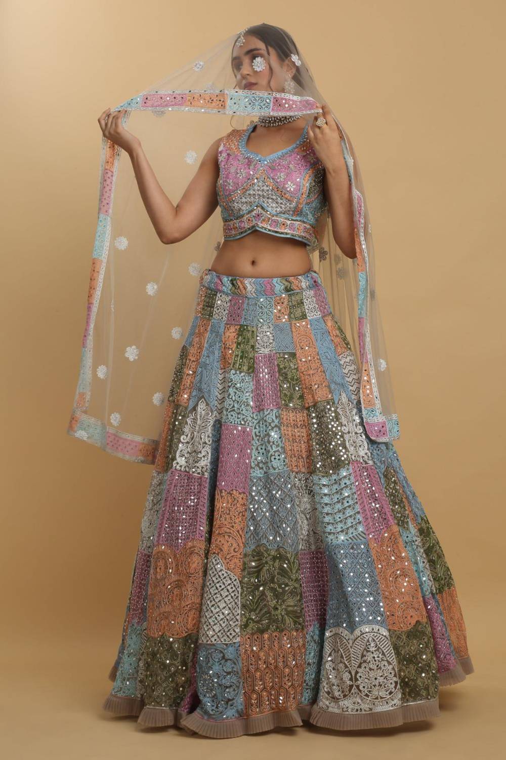 Divyam Multi Colored Thread And Mirror Embroidered Lehenga Set