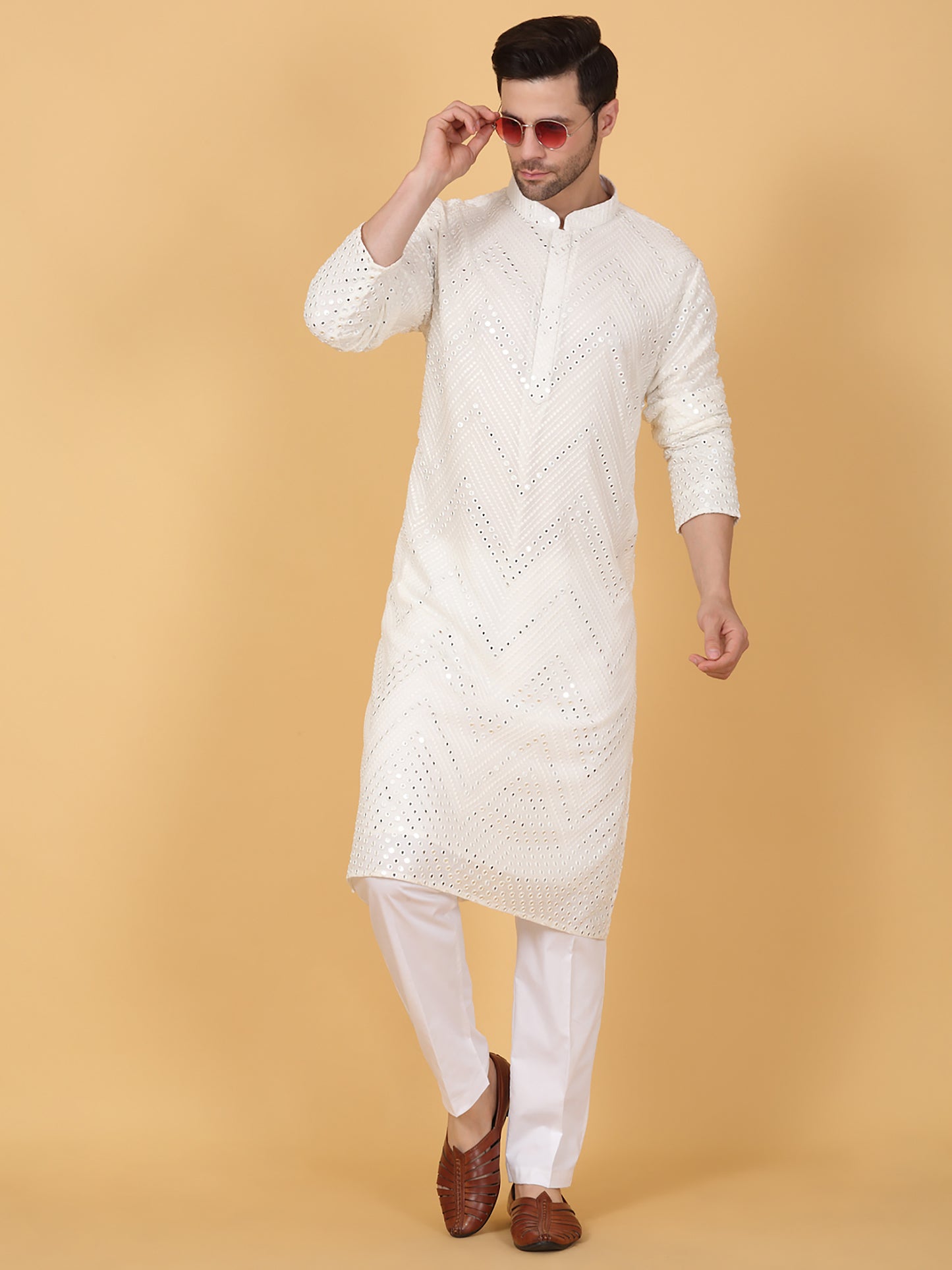 White Cotton Mirror Embroidery Zig Zag Kurta Set