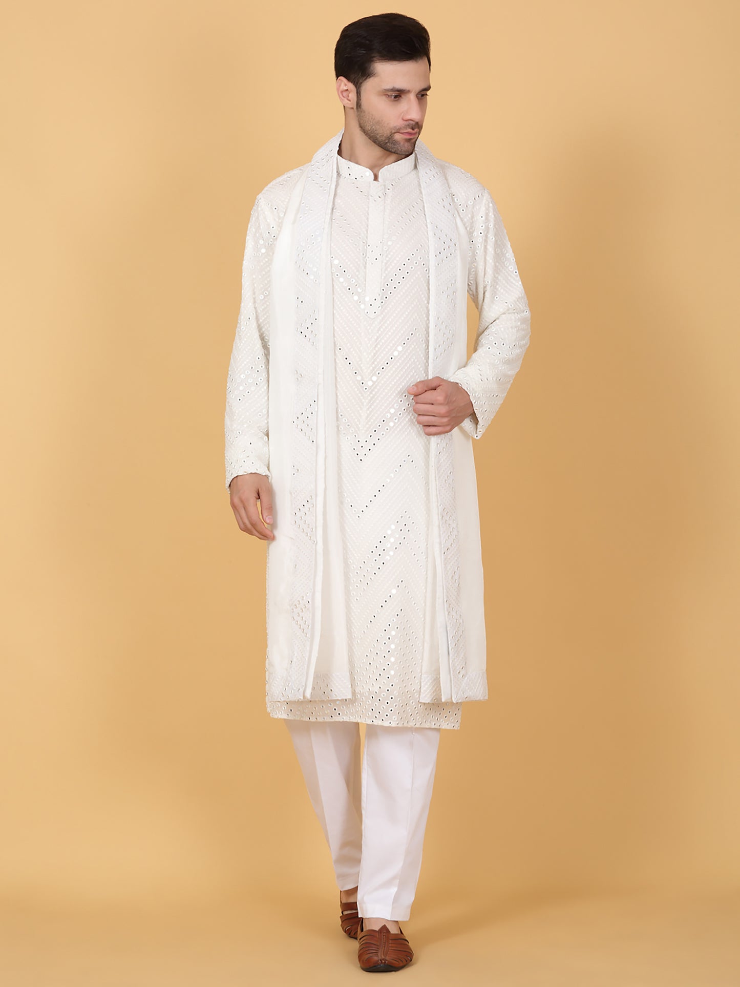 White Cotton Mirror Embroidery Zig Zag Kurta Set