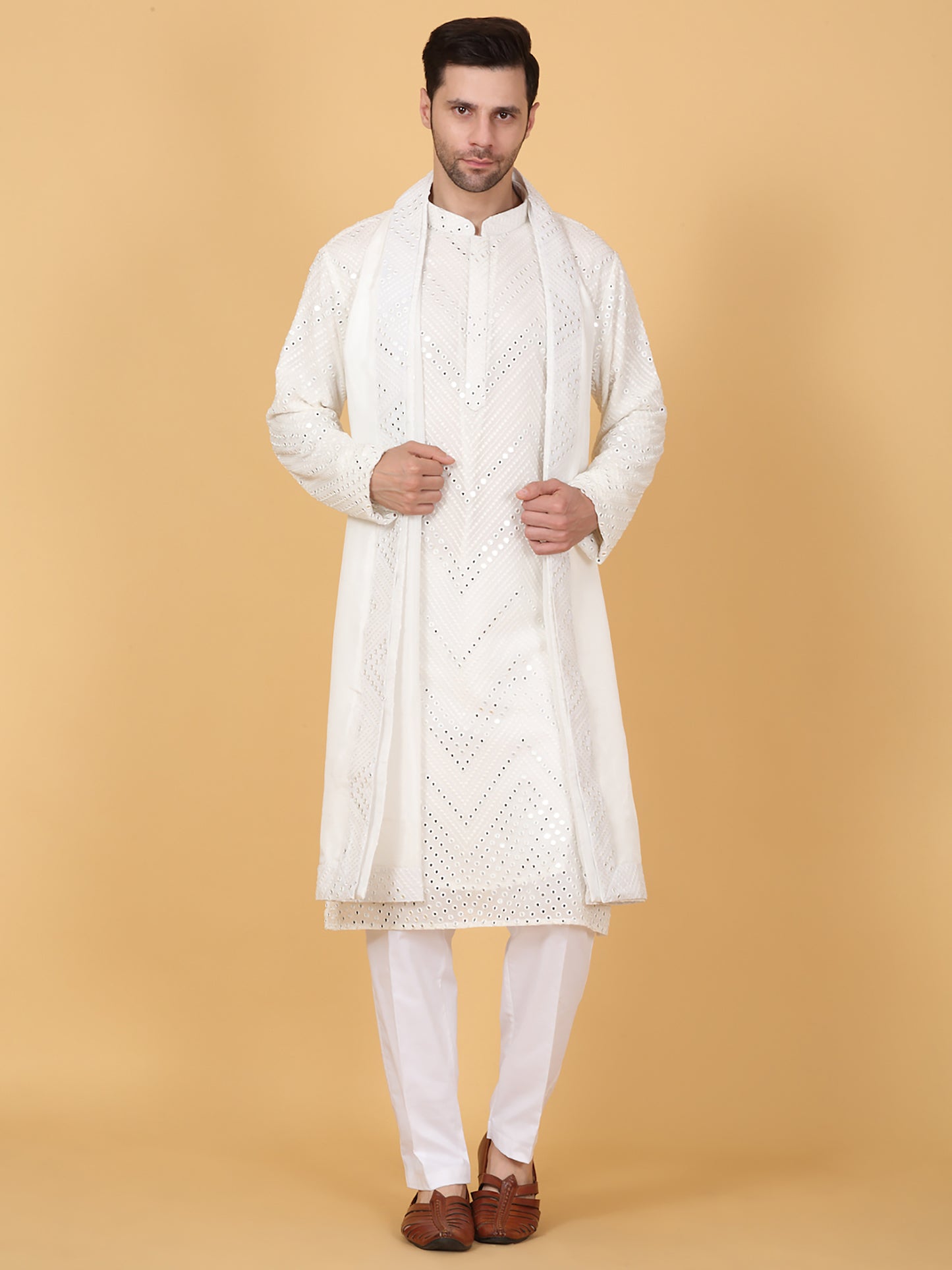 White Cotton Mirror Embroidery Zig Zag Kurta Set