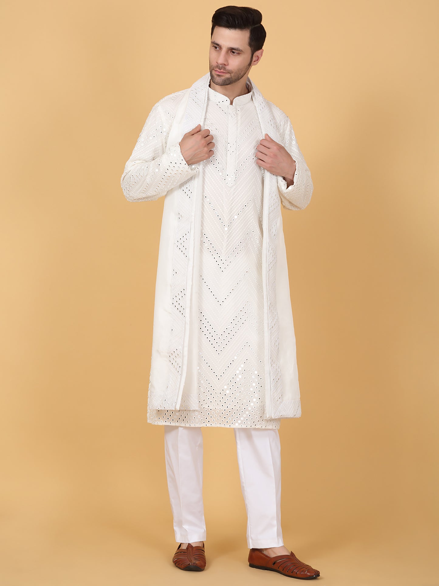 White Cotton Mirror Embroidery Zig Zag Kurta Set