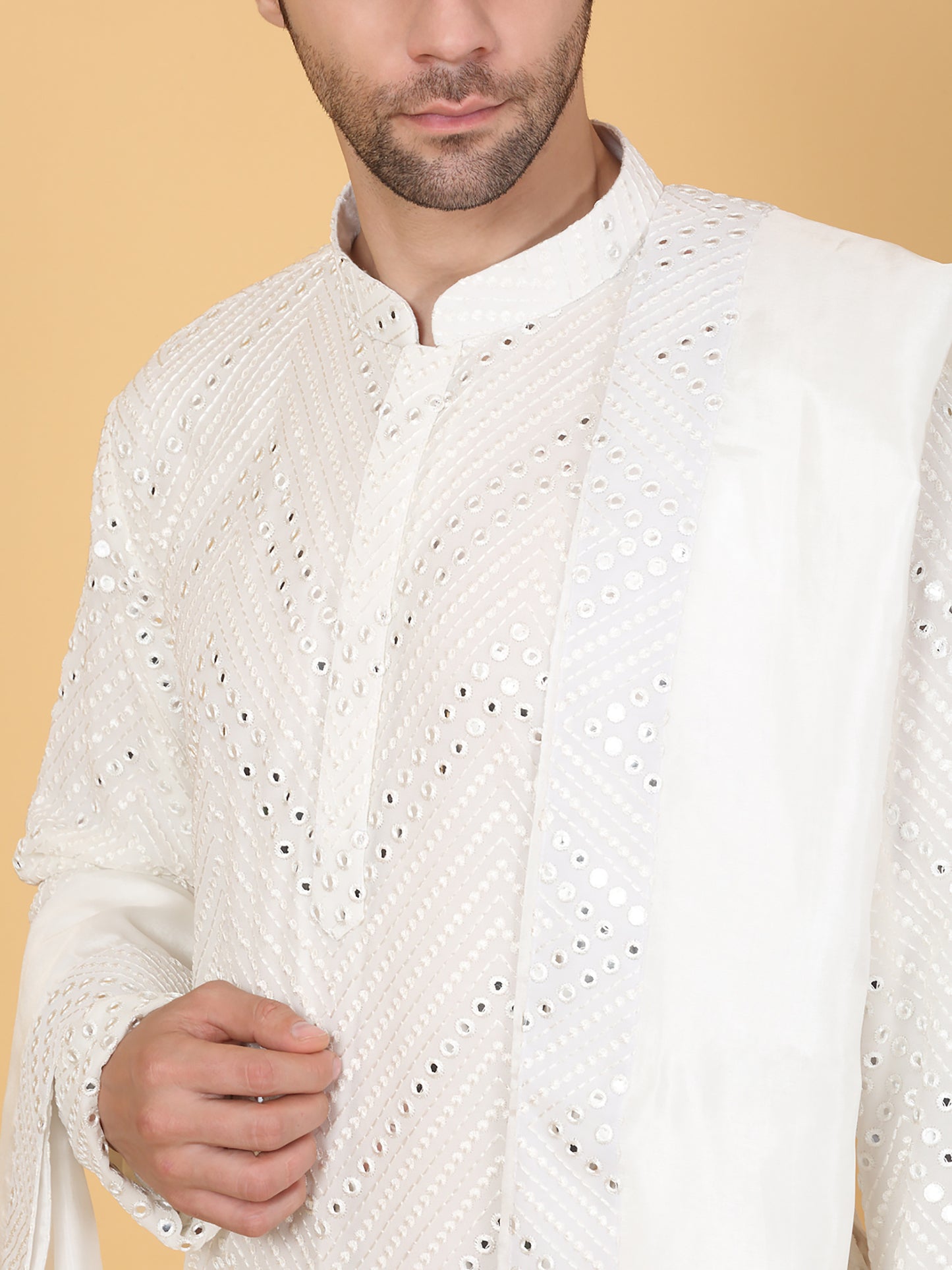 White Cotton Mirror Embroidery Zig Zag Kurta Set