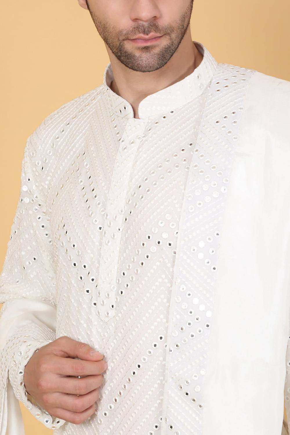 White Cotton Mirror Embroidery Zig Zag Kurta Set