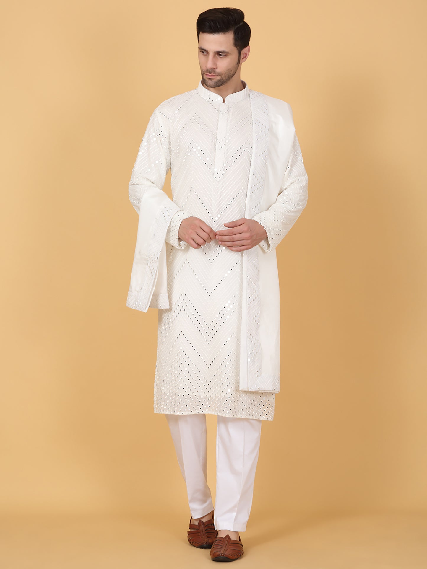 White Cotton Mirror Embroidery Zig Zag Kurta Set