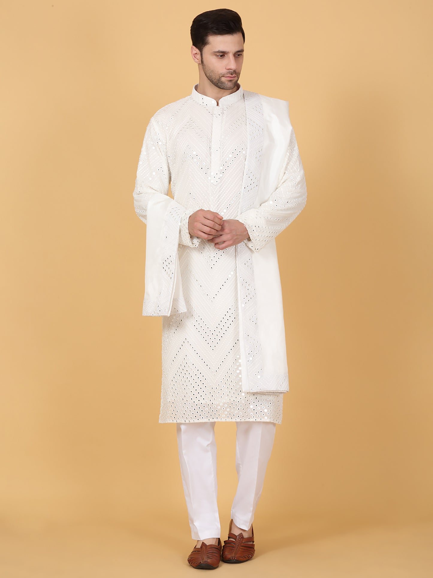 White Cotton Mirror Embroidery Zig Zag Kurta Set