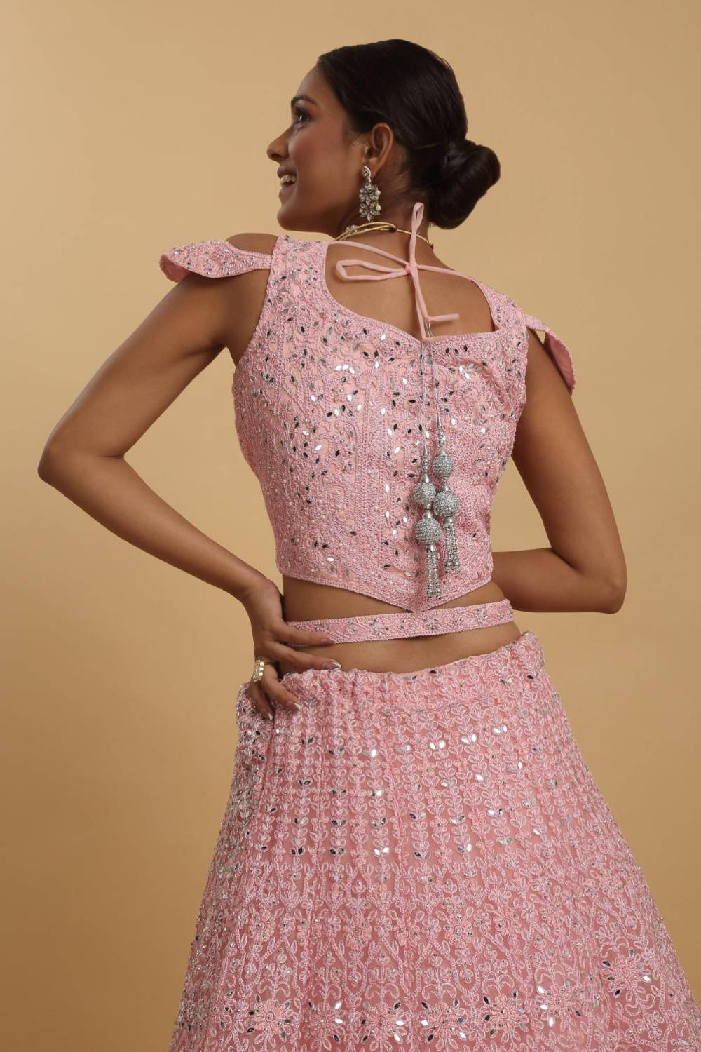 Drishti Pink Mirror Embroidered Leaf Neck Lehenga Set