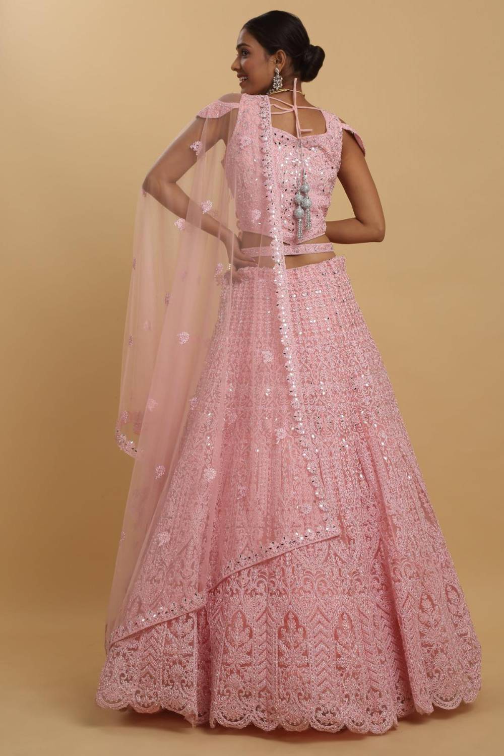 Drishti Pink Mirror Embroidered Leaf Neck Lehenga Set
