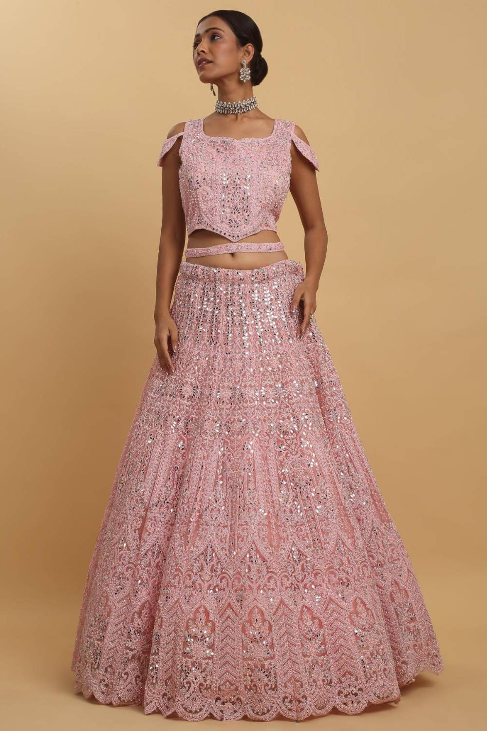 Drishti Pink Mirror Embroidered Leaf Neck Lehenga Set