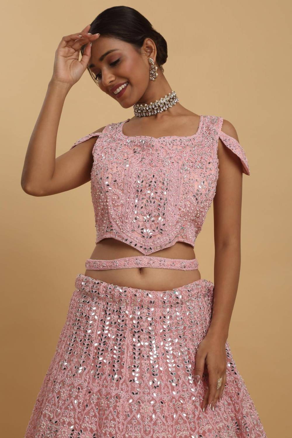 Drishti Pink Mirror Embroidered Leaf Neck Lehenga Set