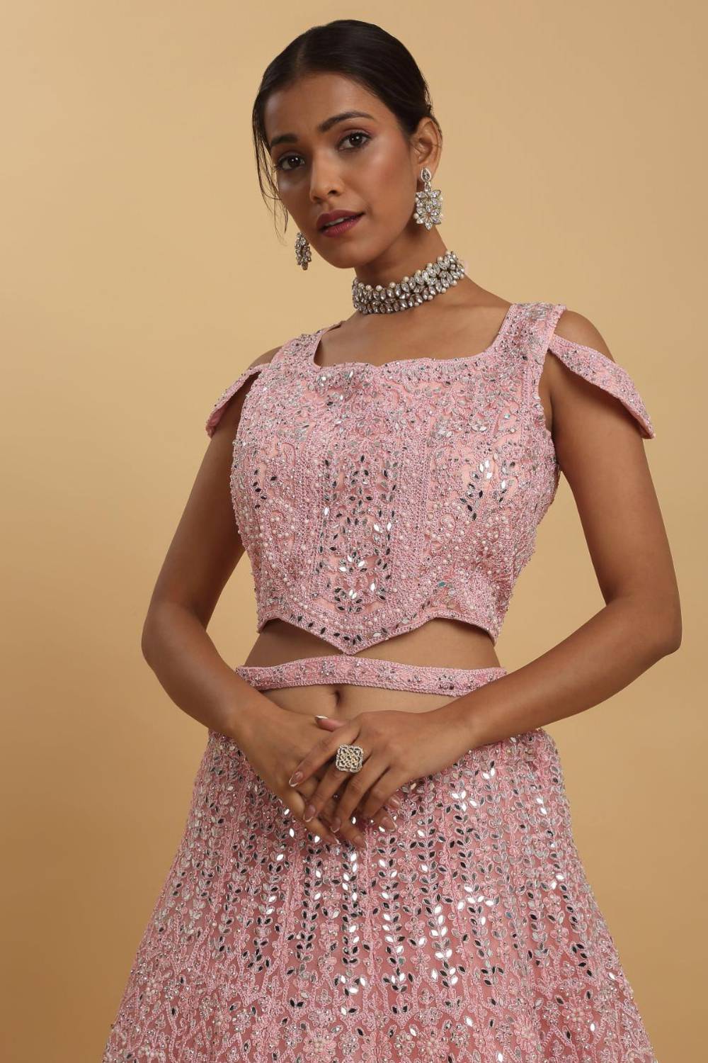 Drishti Pink Mirror Embroidered Leaf Neck Lehenga Set