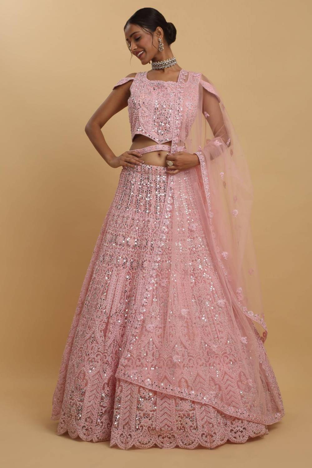 Drishti Pink Mirror Embroidered Leaf Neck Lehenga Set