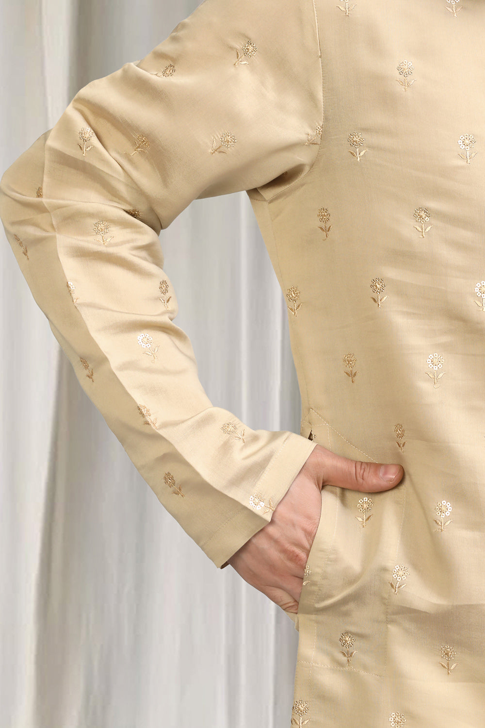 Beige Buta  Embroidered Kurta With Back Elastic Pants