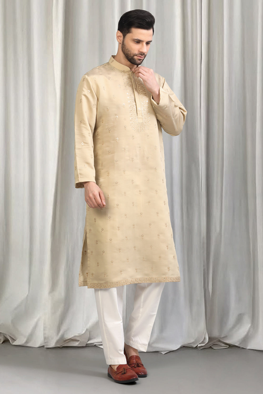 Beige Buta  Embroidered Kurta With Back Elastic Pants
