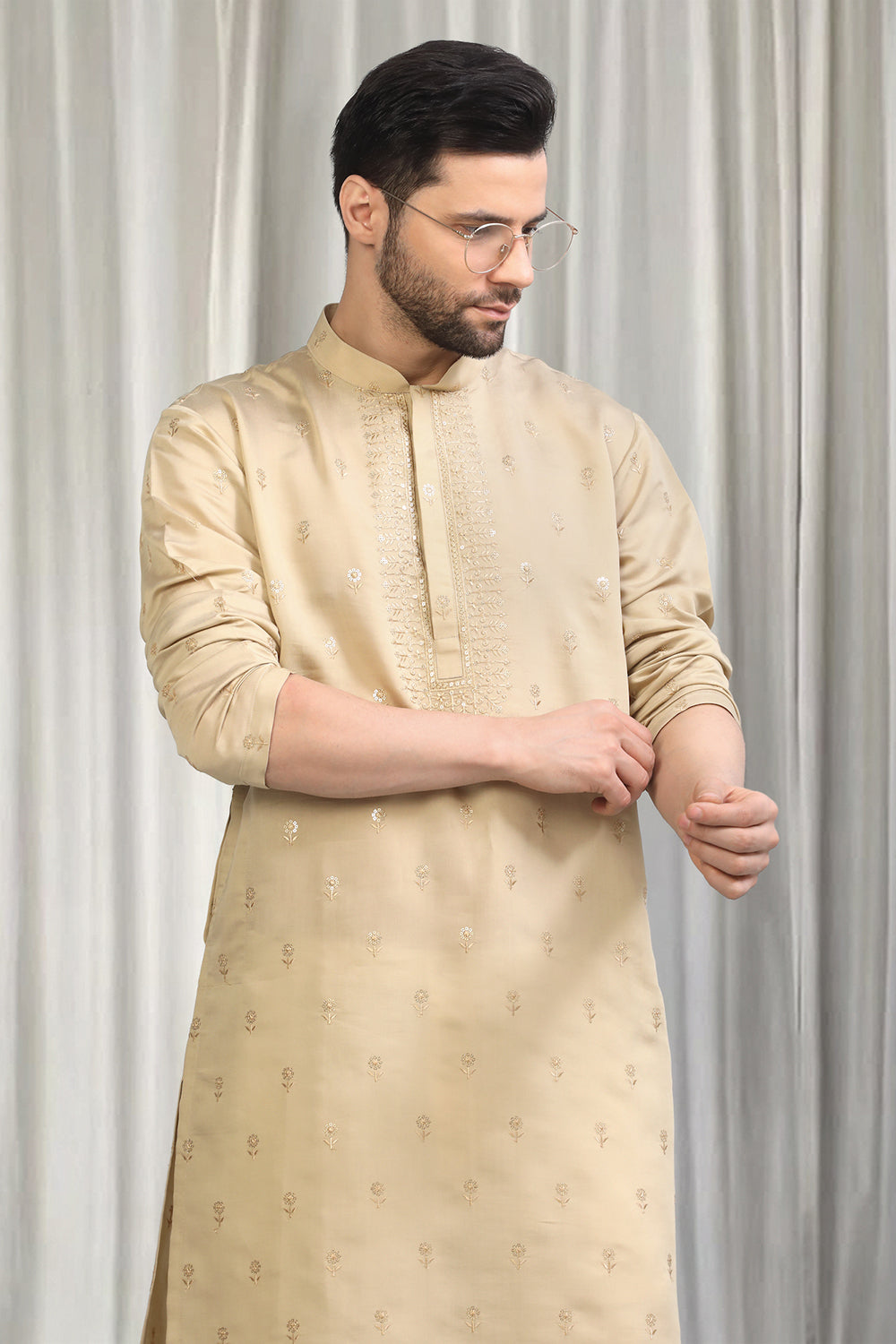 Beige Buta  Embroidered Kurta With Back Elastic Pants