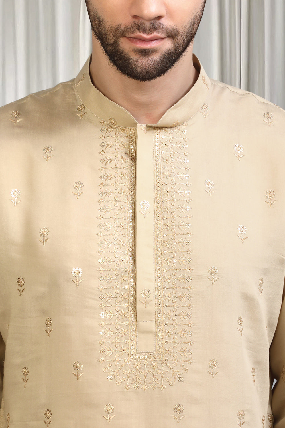 Beige Buta  Embroidered Kurta With Back Elastic Pants