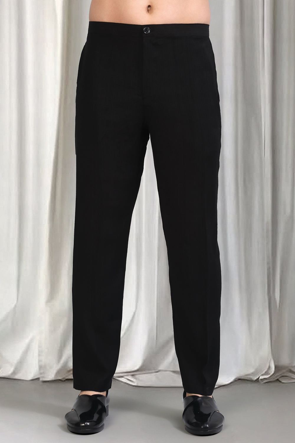 Black Silver  Stripe  Embroidered Kurta Set With Back Elastic Pants