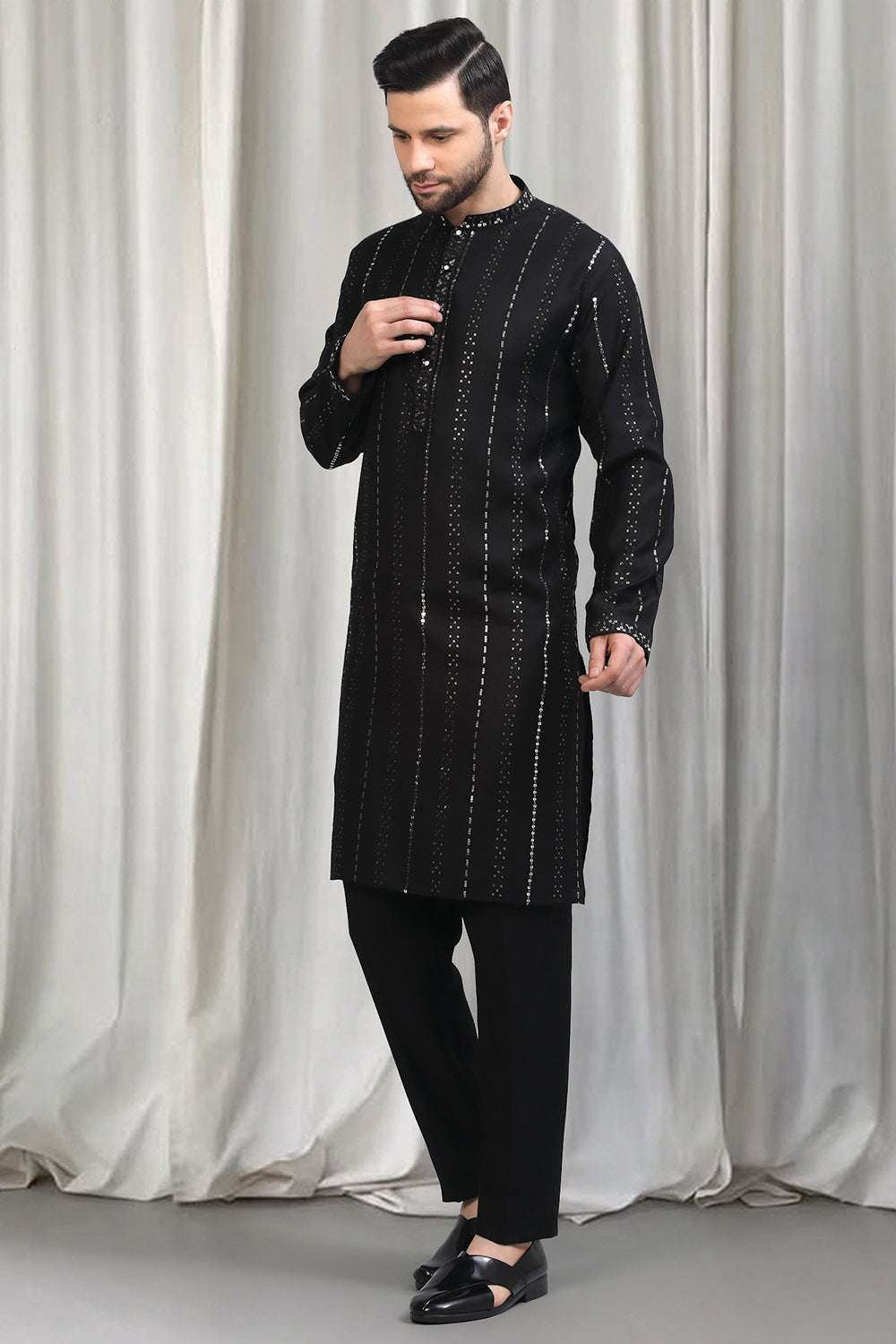 Black Silver  Stripe  Embroidered Kurta Set With Back Elastic Pants