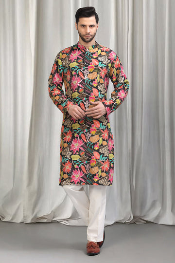 Floral Printed  Embroidered Kurta Set With Back Elastic Pants
