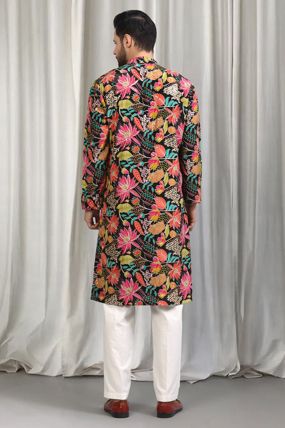 Floral Printed  Embroidered Kurta Set With Back Elastic Pants
