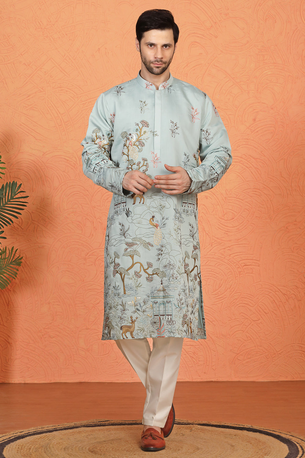 Forest Landscape  All Over  Embroidered Kurta with Back Elastic Pants