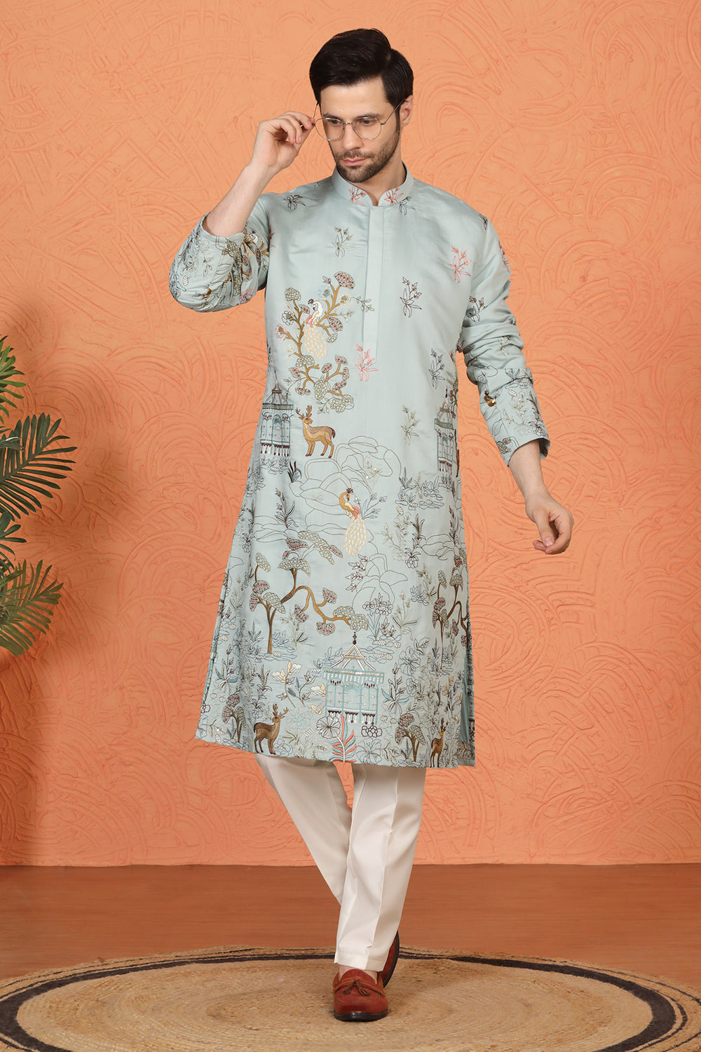 Forest Landscape  All Over  Embroidered Kurta with Back Elastic Pants