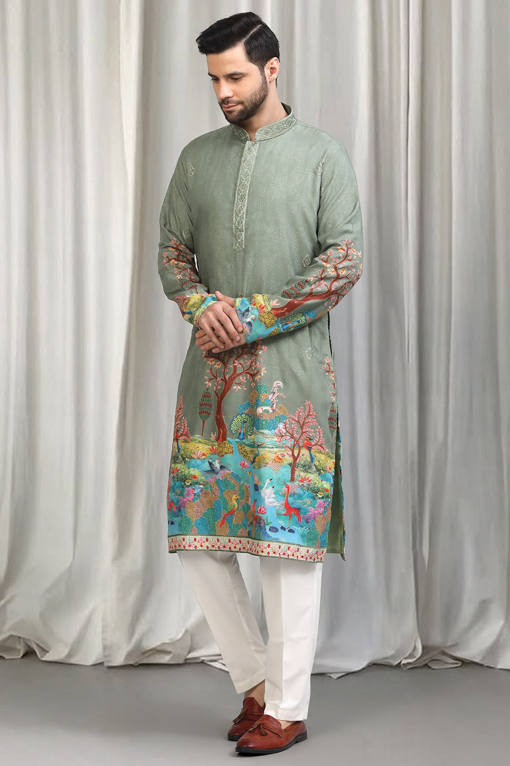Forest Printed Embroidered Kurta Set With Back Elastic Pants